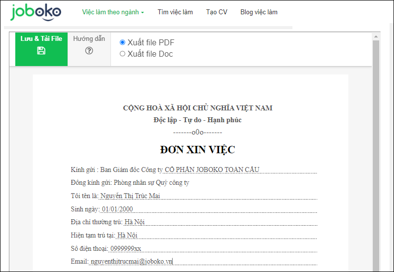 don xin viec