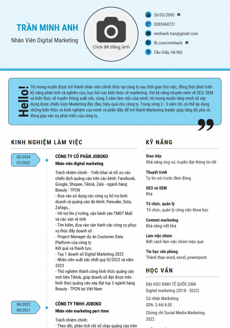 Mẫu CV Digital Marketing