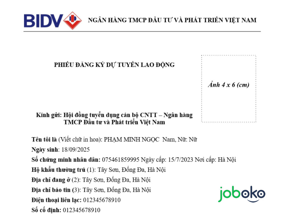 Mau CV thuc tap sinh ngan hang BIDV