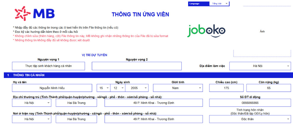 Mau CV thuc tap sinh ngan hang MB
