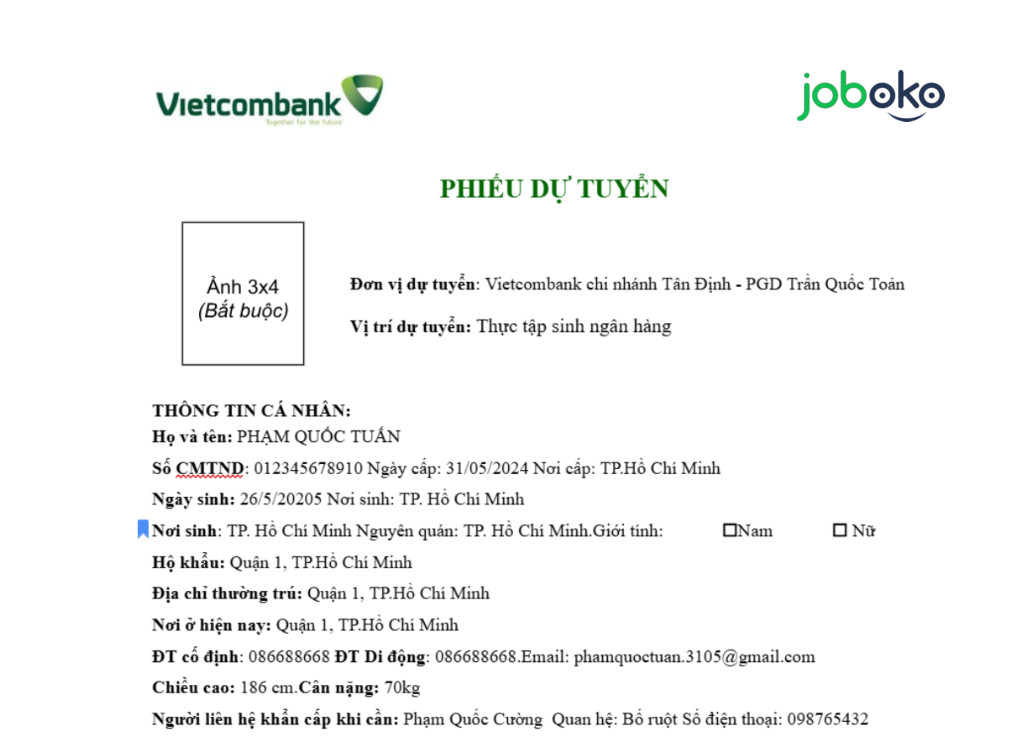 Mau CV thuc tap sinh ngan hang Vietcombank