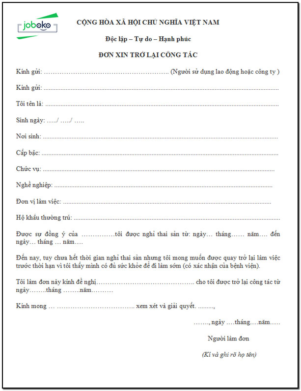mau don xin tro lai cong tac sau khi nghi thai san 2