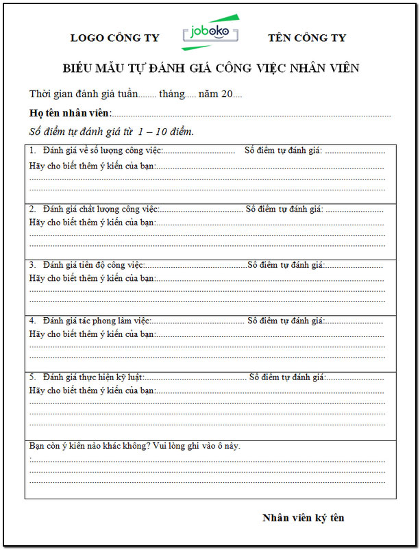 mau tu danh gia cong viec cua nhan vien 2