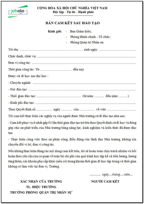 mau ban cam ket sau dao tao 2