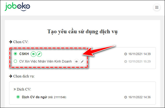 cach mua va su dung goi dich vu cv joboko 9