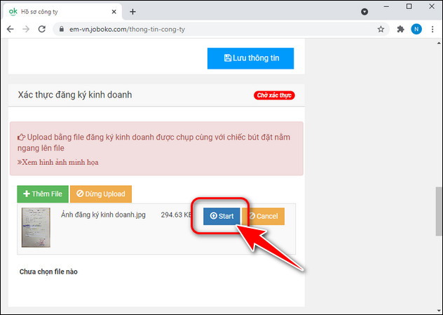 Upload dang ky kinh doanh de xac thuc tai khoan tren JOBOKO