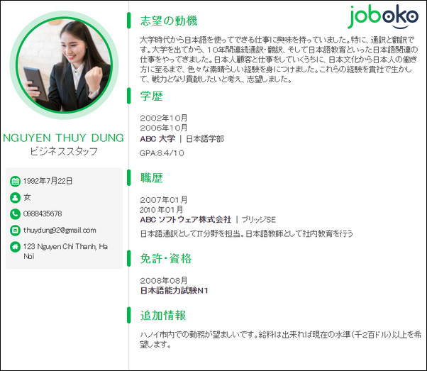 cach viet cv xin viec tieng nhat